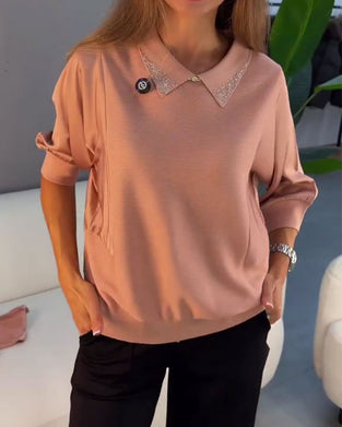Pullover Revers Ellenbogenlang Ärmel Gestrickt Elegant
