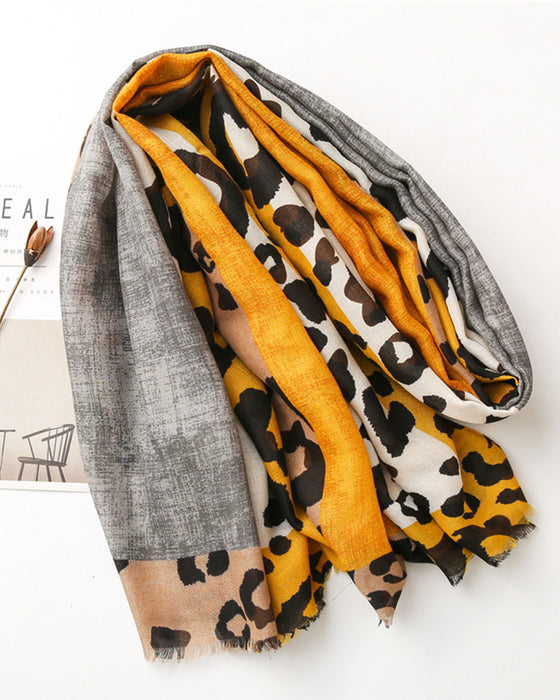 Damen Schal Leopard Patchwork Print Fransen Schal