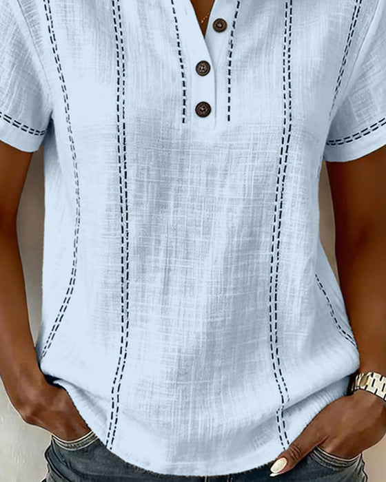 T-Shirt Mode Lässig Knopf V-Ausschnitt