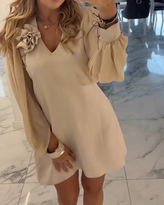 Kleid Dreidimensionale Blume V-Ausschnitt Kugelärmel