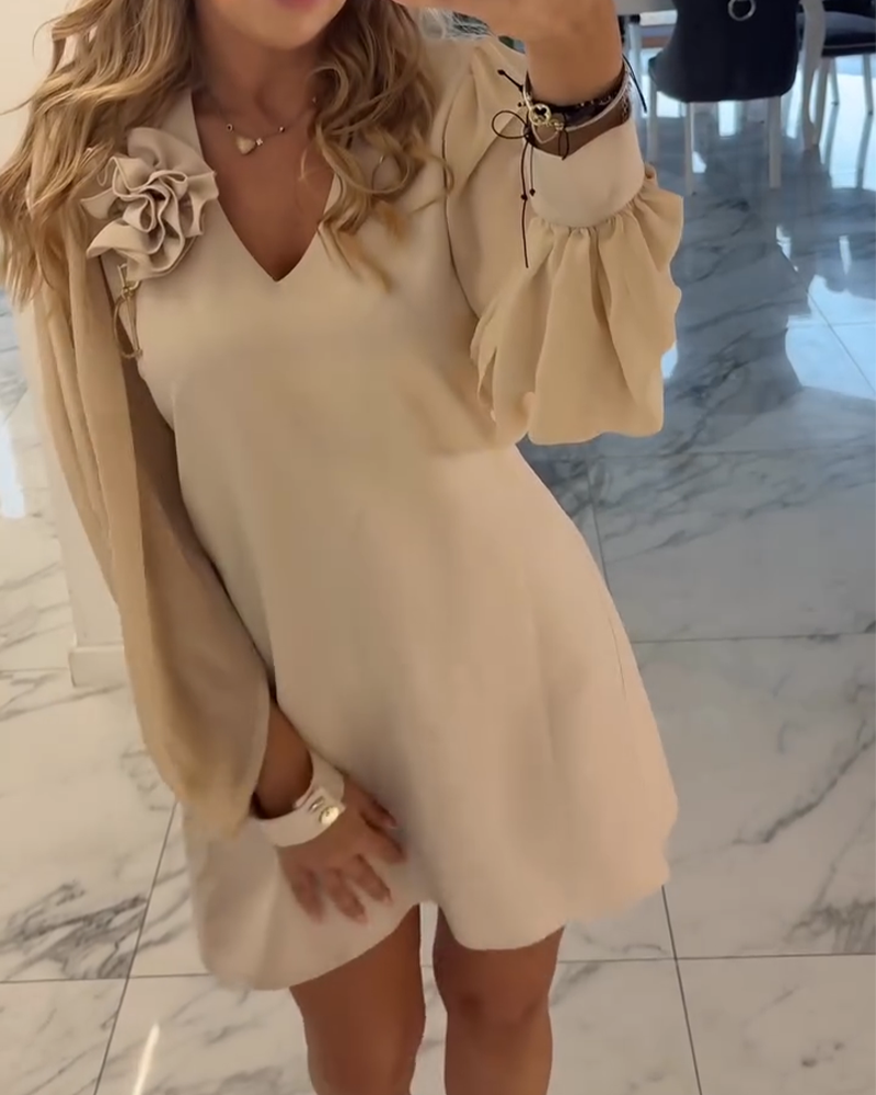 Kleid Dreidimensionale Blume V-Ausschnitt Kugelärmel