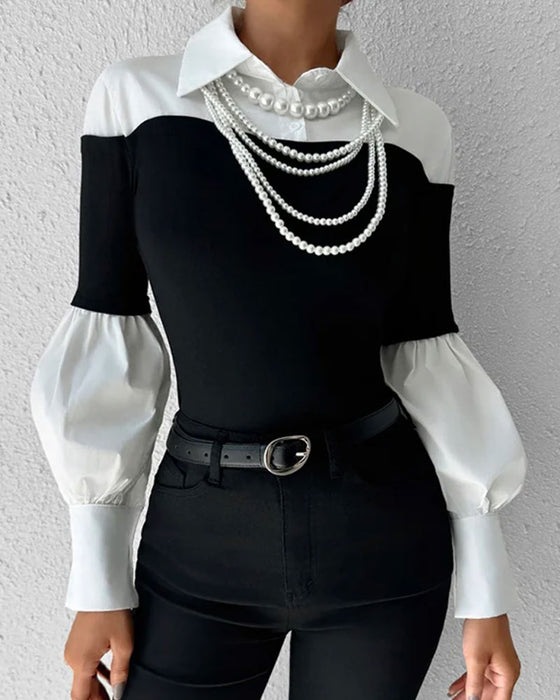 Oberteil Farbblock Off-Shoulder Laterne Ärmel Patchwork