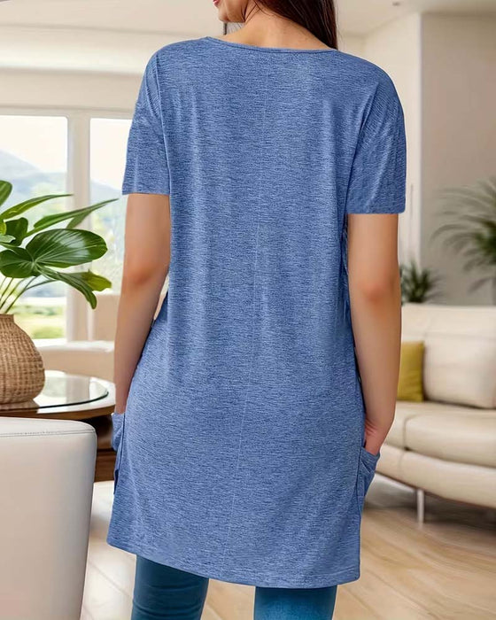 T-Shirt Asymmetrischer Saum V-Ausschnitt Kurzarm