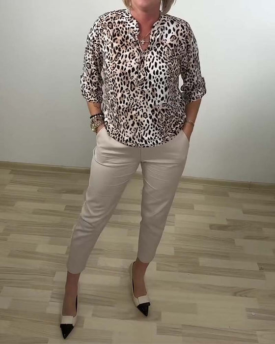 Bluse Stehkragen Mode Leopard