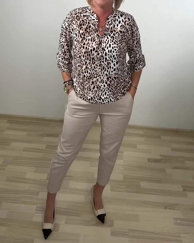Bluse Stehkragen Mode Leopard