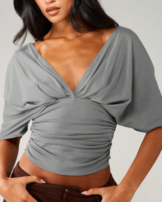 Top V-Ausschnitt Fledermaus Ärmel Taille Binden
