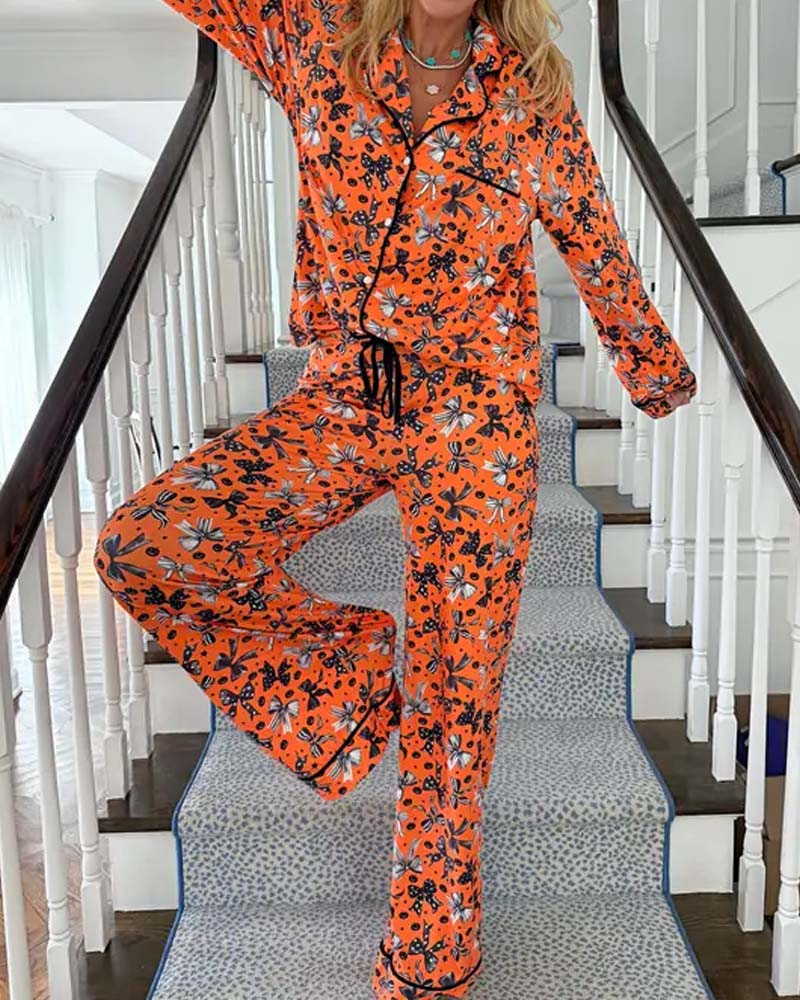 Pyjama Set Hemdkragen Bedruckt Knopf