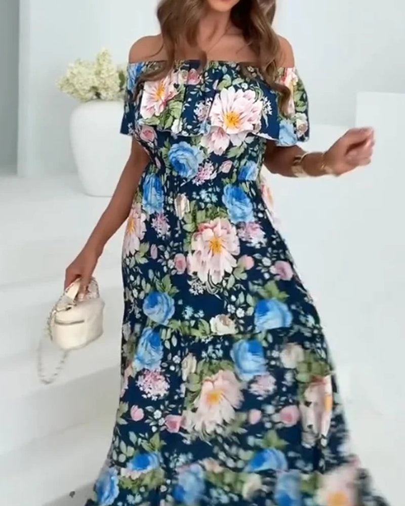 Kleid Off-the-Shoulder Blumenmuster taillierend
