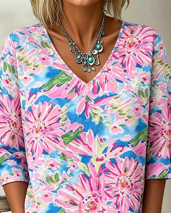 Bluse Blumig V-Ausschnitt Halbarm