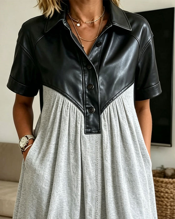 Kleid PU Leder Patchwork Kurzarm Hemd