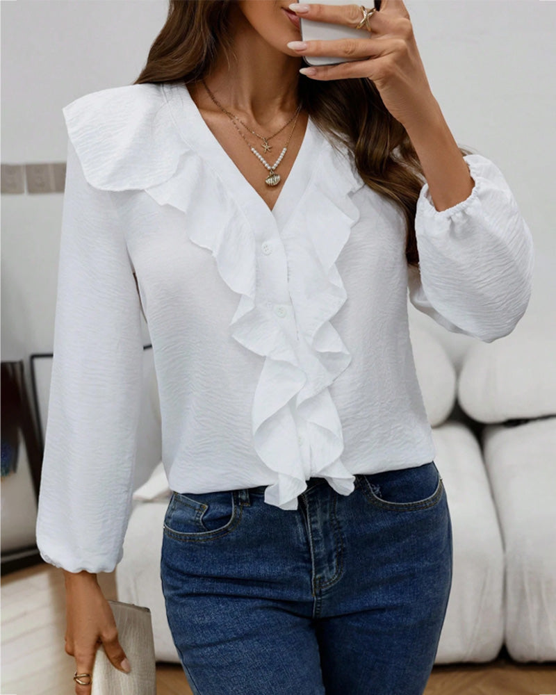 Bluse Rüsche Tief V-Ausschnitt Langarm