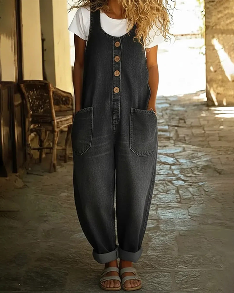 Jumpsuit Lässig Tasche Denim