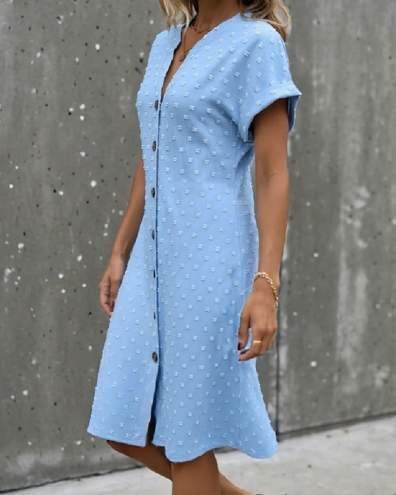 Hemdkleid Jacquard V-Ausschnitt Knopfleiste Midi Hemd