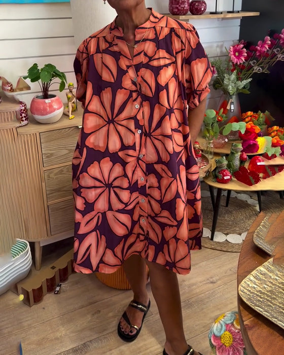 Kleid Puffärmel Blumig Stehkragen Hemd