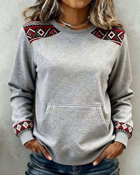 Sweatshirt Rundhals Argyle Farbblock Tasche