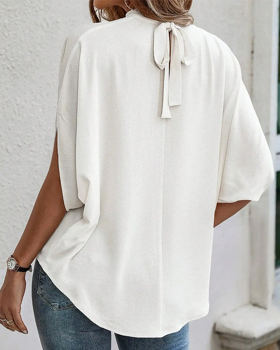 Bluse Mock Neck Plissiert Dreiviertel Ärmel Uni