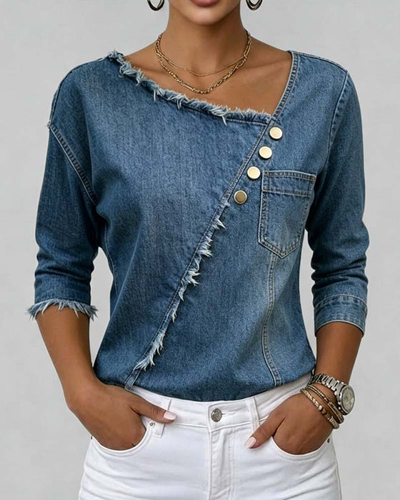 Bluse Jeans Schräger Kragen Langarm