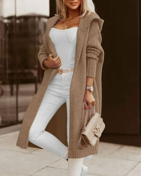Cardigan Mit Kapuze Tasche Offen Vorne Gestrickt