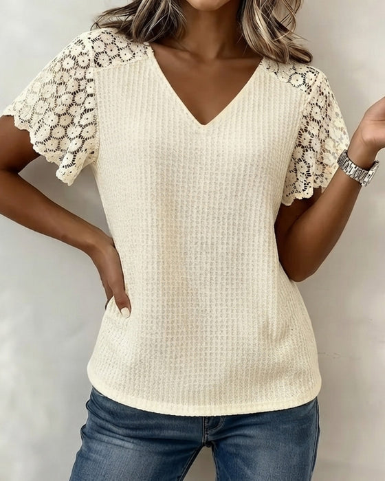 T-Shirt V-Ausschnitt Waffel Spitze Patchwork Uni