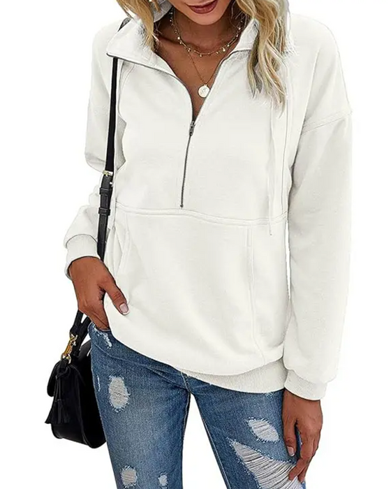 Sweatshirt Einfarbig Revers Reißverschluss Tasche