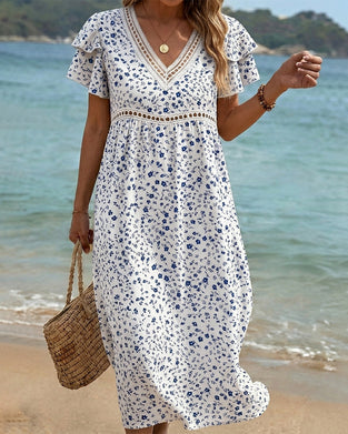 Kleid Blau Weiß Blumenprint Druck V-Ausschnitt