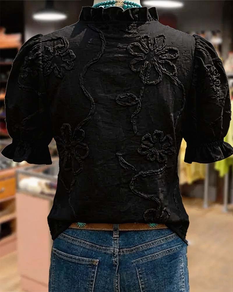 Bluse V-Ausschnitt Rüschenbesatz Puffärmel