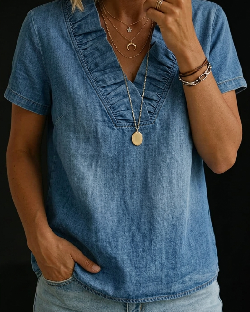 Bluse Rüschen V-Ausschnitt Denim