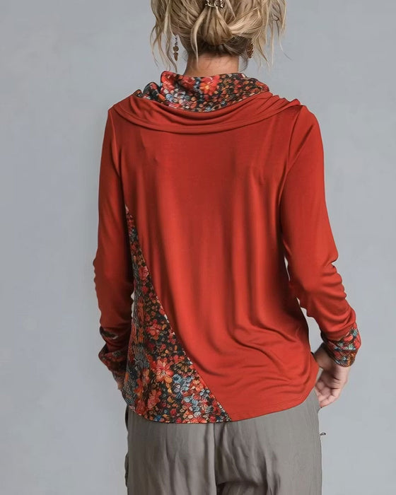 Oberteil Slouchy Drapierter Ausschnitt Patchwork Langarm