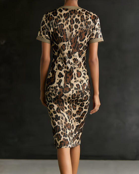 Kleid Leopard Druck Patchwork V-Ausschnitt Tailliert