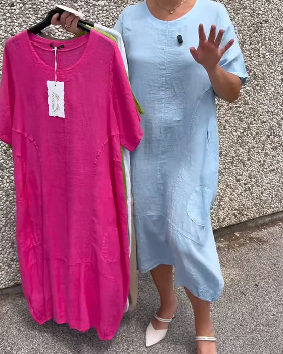 Einfarbiges Kleid Mit Rundhals