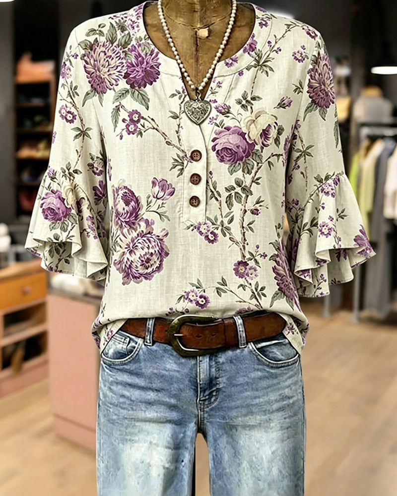 Kleid Retro Print V-Ausschnitt Tailliert Lang
