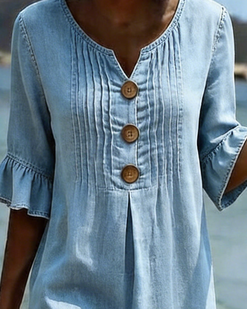 Kleid Rüschenärmel Denim V-Ausschnitt