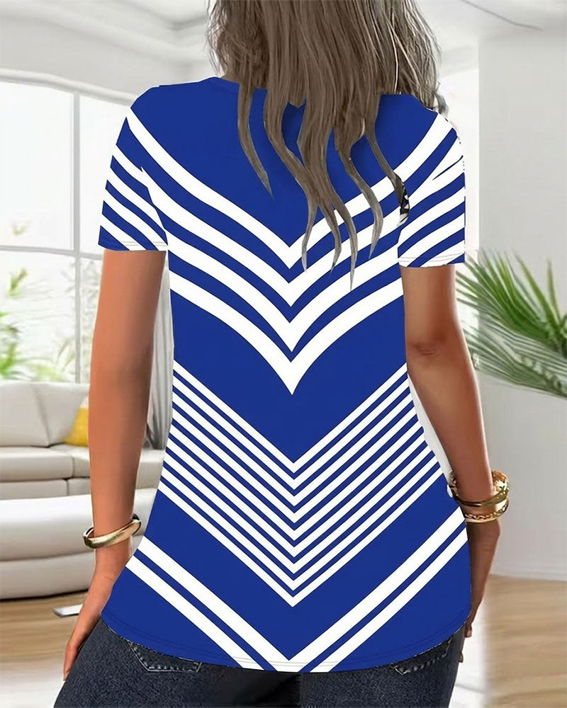 T-Shirt Reißverschluss V-Ausschnitt Gestreift