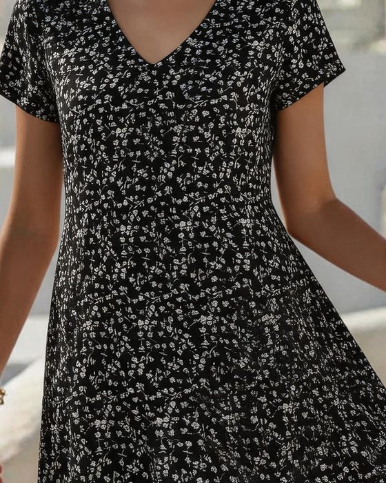 Kleid Blumig V-Ausschnitt Voll Rock