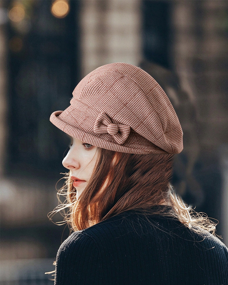 Damen Elegante Karomuster Schleife Dekor Baskenmütze