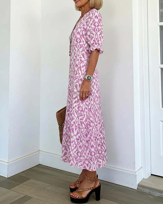 Kleid V-Ausschnitt Halblanger Ärmel Rüsche A-Linie