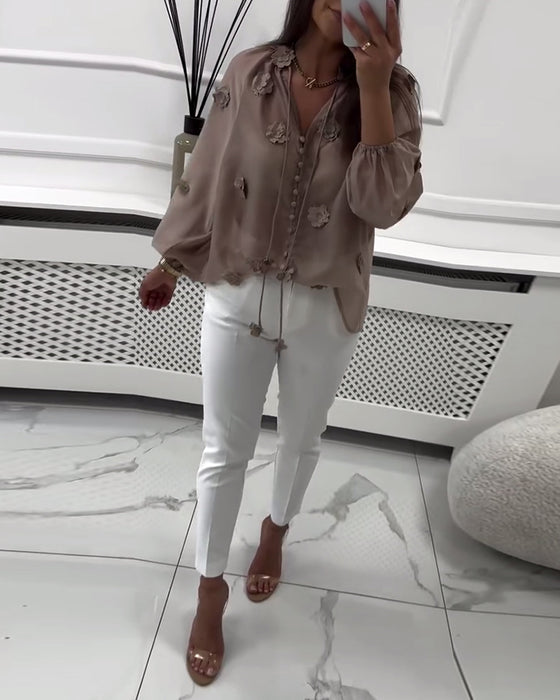 Bluse einfarbig 3D-Blumen Schnürung