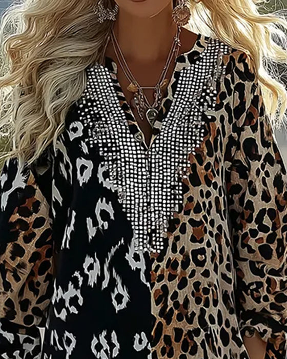 Kleid Farbe Block Leopard Druck Kurz