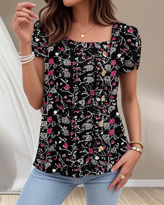 Lässiges Kurzarm-Top mit Blumenmuster und quadratischem Ausschnitt