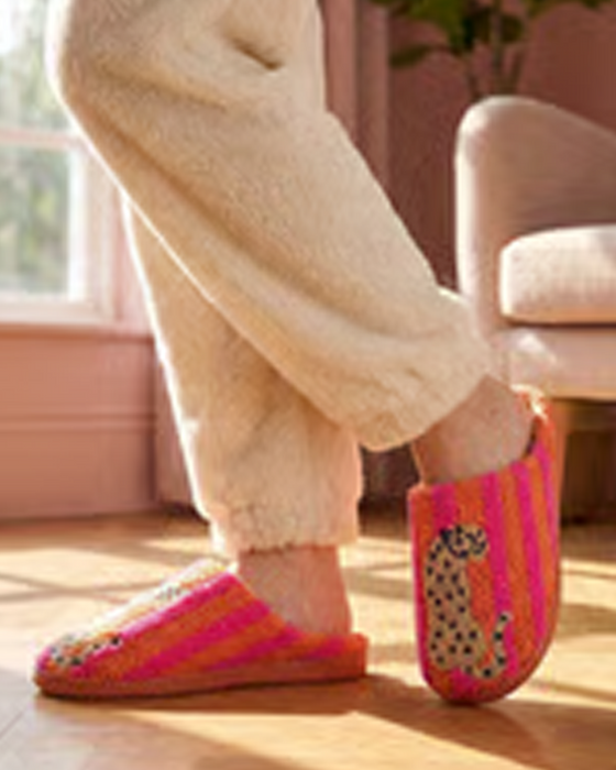 Dames Retro Gestreept & Luipaard Pluizige Pantoffels