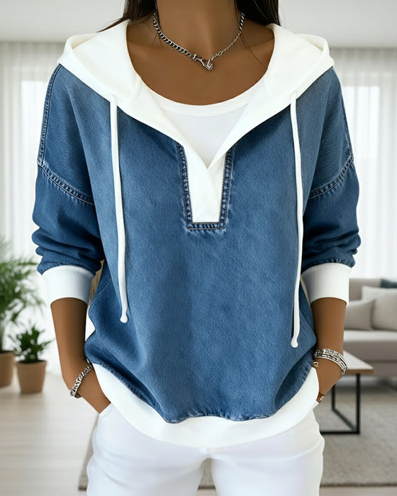 Kapuzen-Sweatshirt mit Schnürung und Denim-Einsätzen