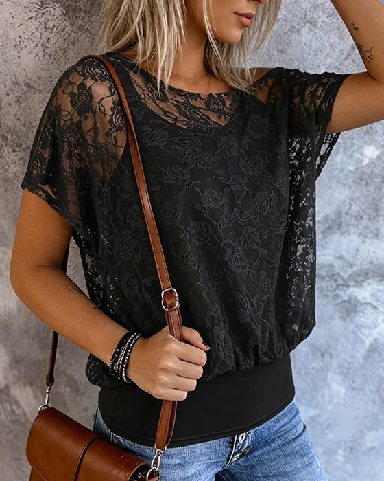 T-Shirt Off-Shoulder Spitze Patchwork Träger