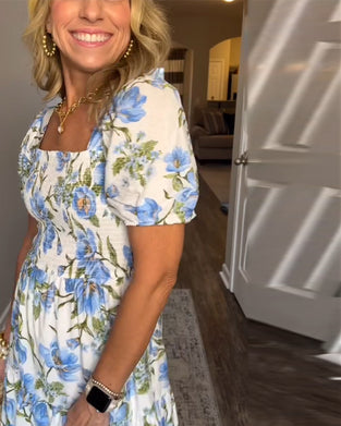 Kleid Quadratischer Ausschnitt Plissiert Blumen A-Linie