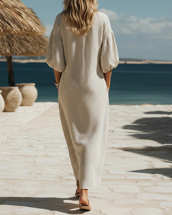 Kleid Puff Ärmel Knopf-Unten Streifen