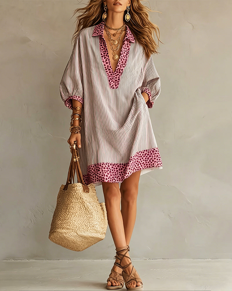 Kleid Leopardenprint Panel Puffärmel Gestreiftes Hemd