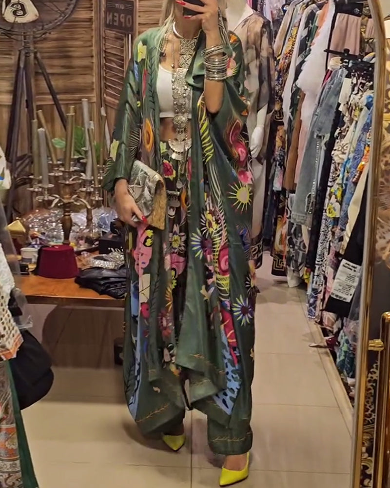 Lässiges zweiteiliges set mit kimono-print