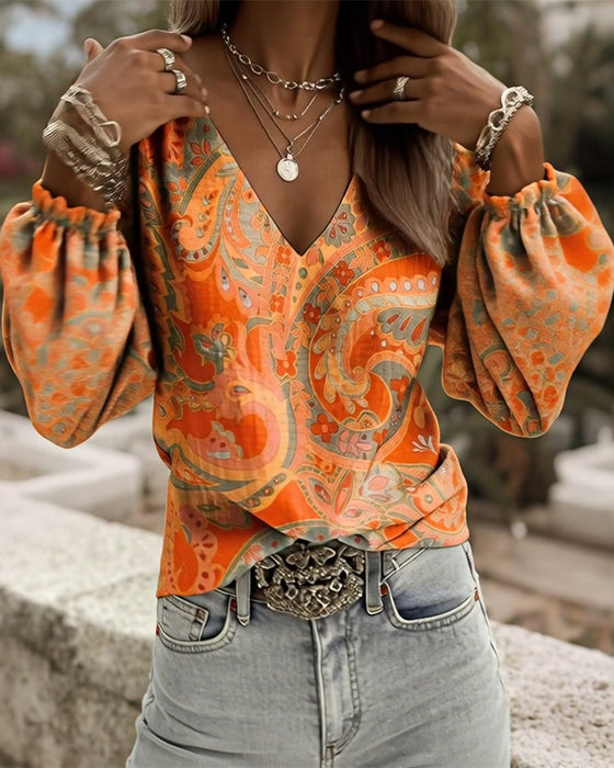 Bluse Gemustert V-Ausschnitt Puffärmel