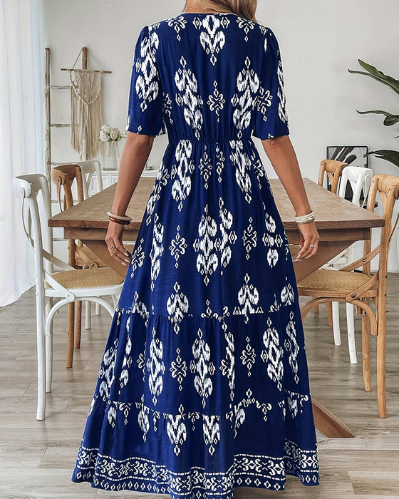 Kleid V-Ausschnitt Druck Weiter Rock Hohe Taille