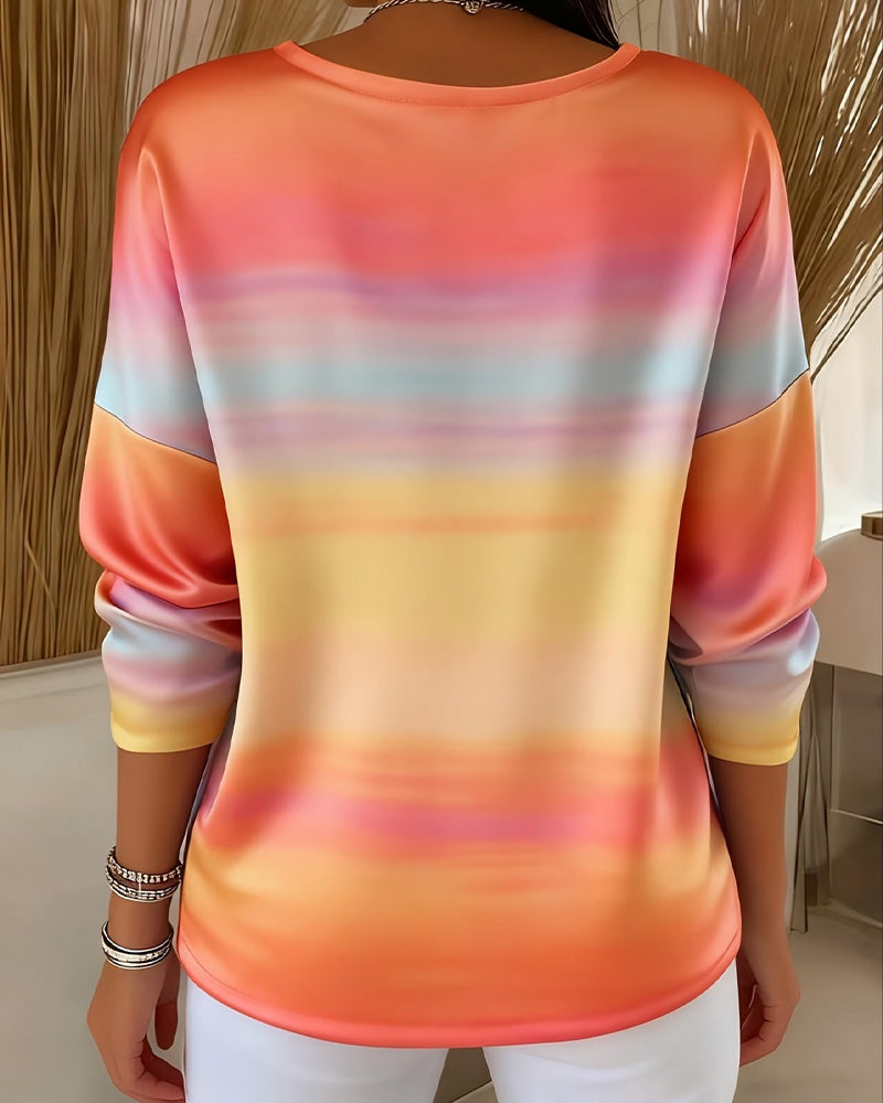 Sweatshirt Regenbogen Ombre Horizontaler Streifen V-Ausschnitt