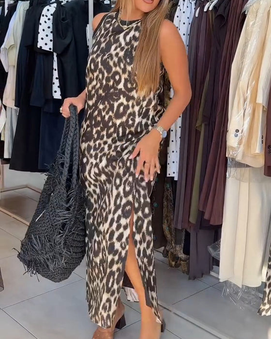 Kleid Rundhals Leopardenmuster Ärmellos Maxi